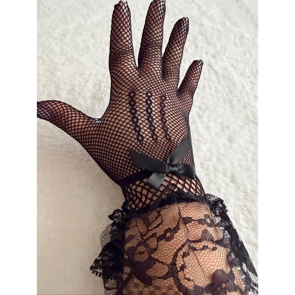 Black Lace & Fishnet Gloves with Bow Detail – NWOT